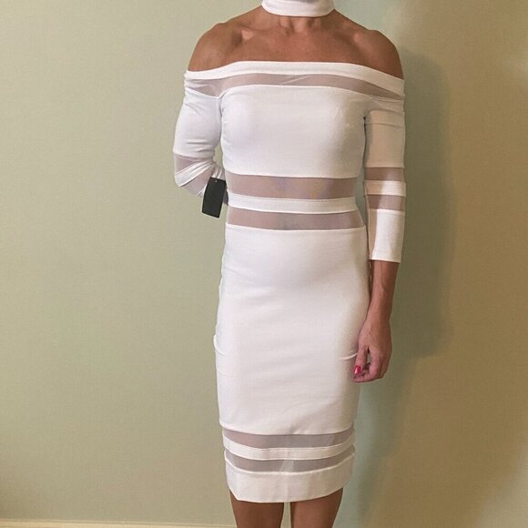 Bebe Snow White Ariella Bodycon Stretch Choker Dress Back Zip Slit Size XXS NWT - Picture 2 of 7